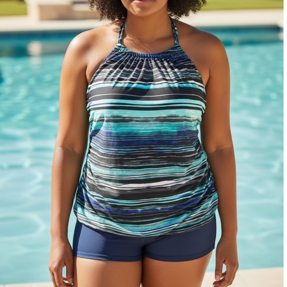 Swim by Cacique High Neck Halter Tankini Top Womens 18 Blue Black‎ Stripe Ruched